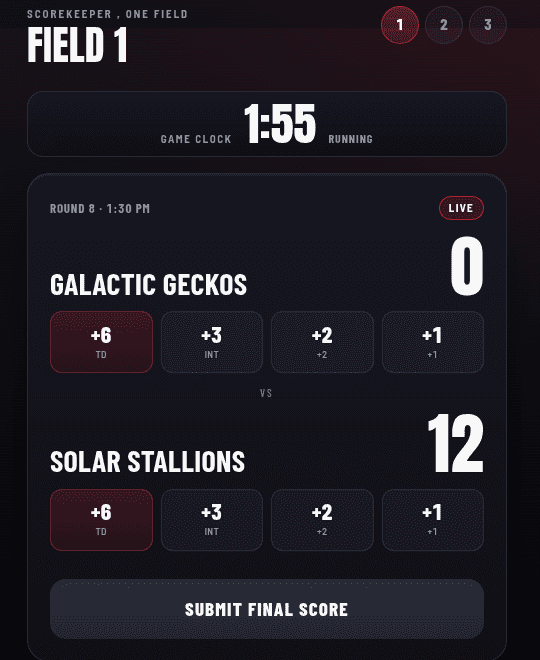 The 7on7HQ field scorekeeper screen on a phone: Field 1, a live game clock, two teams with big tap-to-score buttons, and a Submit final score button.